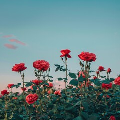 Fototapeta premium Dainty red roses flowers in the field, clear blue sky, mobile phone wallpaper, sunset, vintage light, aesthetic and dreamy