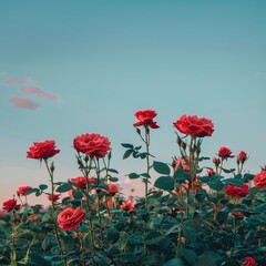 Dainty red roses flowers in the field, clear blue sky, mobile phone wallpaper, sunset, vintage light, aesthetic and dreamy