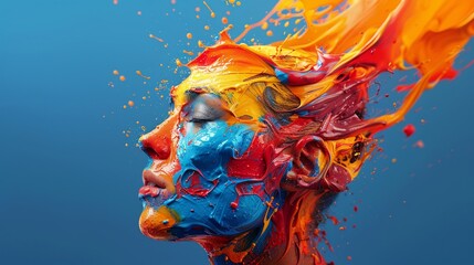 Create a detailed portrayal of a vibrant and drippy paint explosion in place of a face.