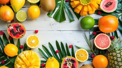 A diverse selection of tropical fruits and leaves displayed on a wooden table, perfect ingredients for creating exotic cuisine dishes and natural food recipes AIG50