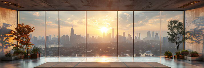 sunset over the city,
Clean spacious light coworking office interior w