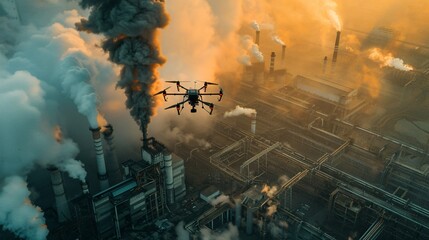 Power Plant Emission Monitoring Drone in Action, Technological Solution to Pollution - obrazy, fototapety, plakaty