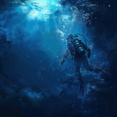 Naklejka na ściany i meble diver in blue deep sea, dark blue water