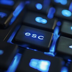 Close-up of an illuminated 'esc' key on a computer keyboard, highlighting technology and accessibility.