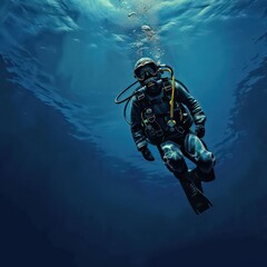  diver in blue deep sea, dark blue water