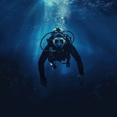  diver in blue deep sea, dark blue water