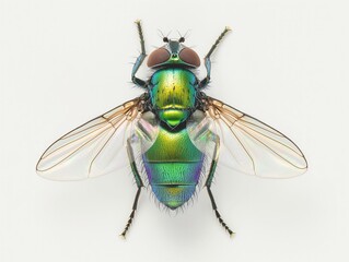 Detailed image of a metallic green fly against a white background, highlighting intricate patterns.