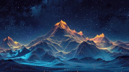 Abstract mountain landscape with a starry night sky painted in golden line art texture for a unique...