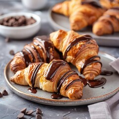 delicious croissants with chocolate on a plate 