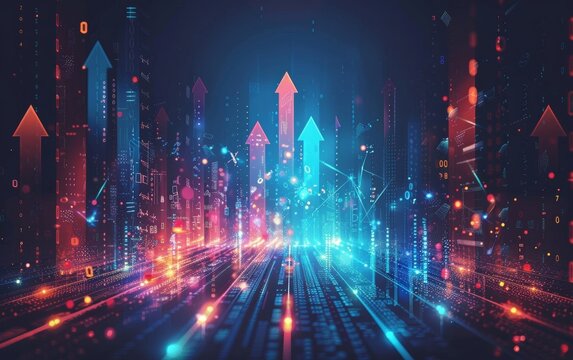Futuristic growth arrow diagram represents digital innovation on a high-tech backdrop. Large scale data analysis drives financial progress in trading and investing. Graphic design for visuals.