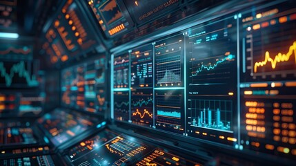 Futuristic holographic display depicting real-time financial data in a virtual environment.