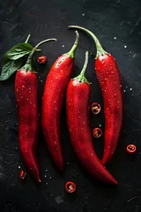 Glasschilderij  Vibrant red hot peppers standing out on a dark backdrop  © tonstock
