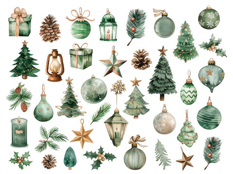 Watercolor Christmas decor elements set with pine trees, branches, cones, stars, gifts hand drawn illustrations