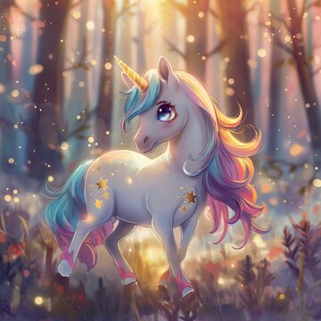 Un tierno unicornio pequeño con una crin colorida en el medio del bosque