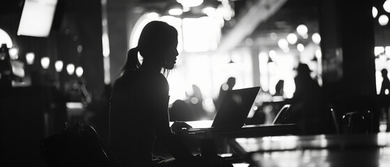 Silhouette of a woman working on a laptop in a cafe with low light. A black and white photo with a blurred background of people sitting at tables. 