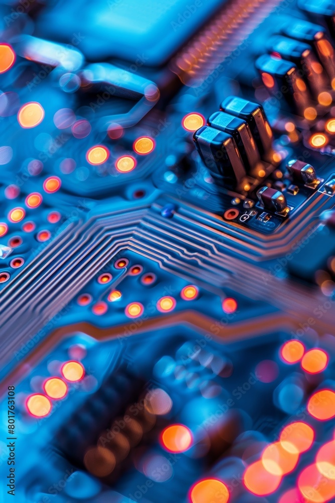 Poster close-up view of a computer's intricate circuitry. motherboard containing micro components. cutting-