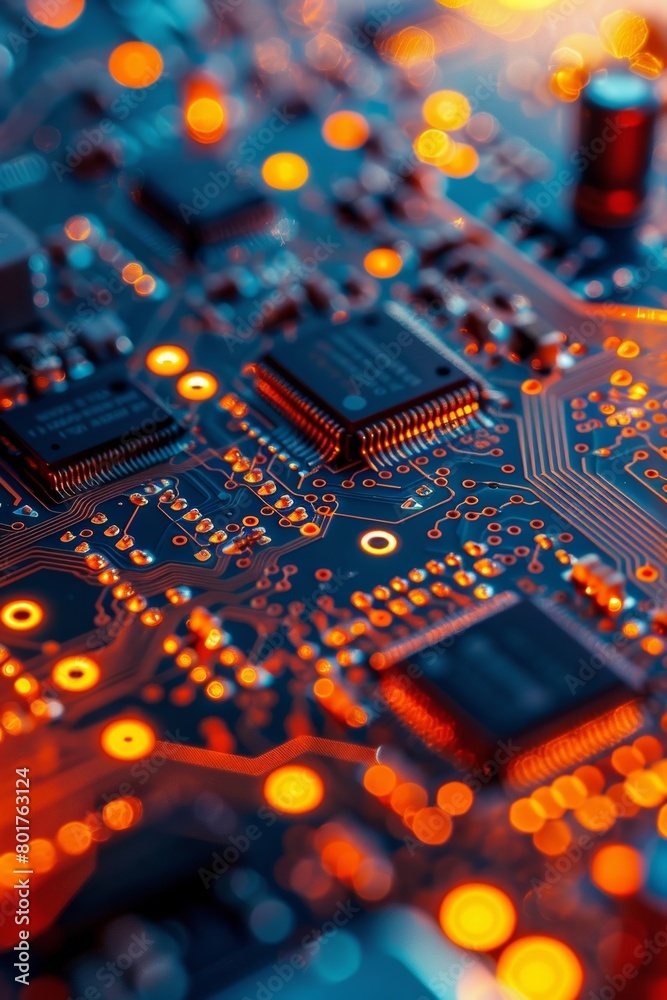 Poster close-up view of a computer's intricate circuitry. motherboard containing micro components. cutting-
