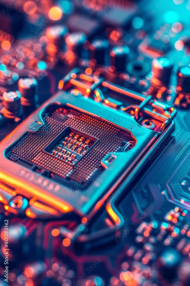Poster close-up view of a computer's intricate circuitry. motherboard containing micro components. cutting-