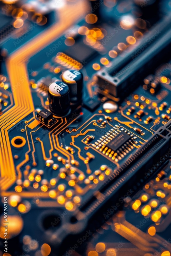 Poster close-up view of a computer's intricate circuitry. motherboard containing micro components. cutting-