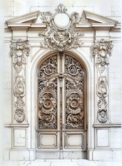 palace large door, rococo details, white and bronze, drawing art line