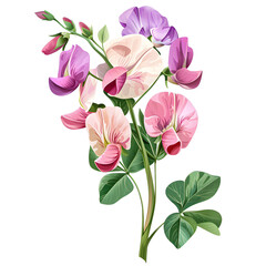 Clipart illustration a sweet pea flower and leaves on white background. Suitable for crafting and digital design projects.[A-0004]