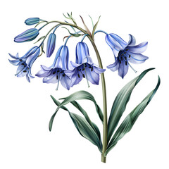 Clipart illustration a bluebell flower and leaves on white background. Suitable for crafting and digital design projects.[A-0001]