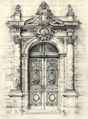 palace large door, rococo details, white and bronze, drawing art line