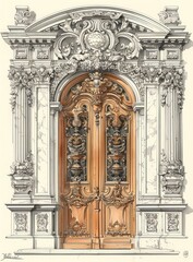 Fototapeta na wymiar palace large door, rococo details, white and bronze, drawing art line