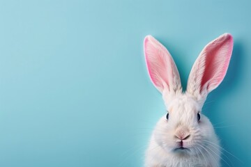 Fototapeta premium Easter bunny with fluffy white tail and pink nose against a clear blue sky, perfect for celebrating the festive season with loved ones.