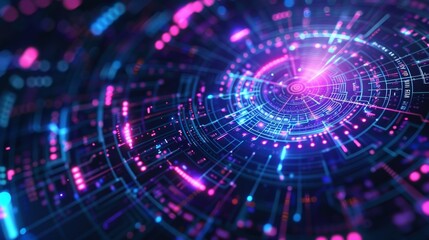 Creative design with a futuristic theme, featuring a bold mix of digital elements in shades of blue and purple.