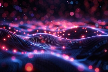 Blurry lights and dynamic movements create a digital abstract background with a precisionist line style, featuring a technology grid, connection lines, and a futuristic vibe.