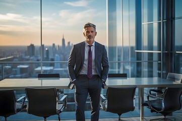Salt and Pepper Hair Executive CEO in Meeting Room with Stunning Cityscape Skyline in the Background