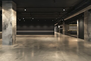 retail shop, concrete color floor, empty shop, black wall and ceiling