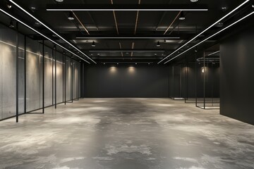 Obraz premium retail shop, concrete color floor, empty shop, black wall and ceiling