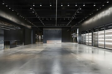 retail shop, concrete color floor, empty shop, black wall and ceiling