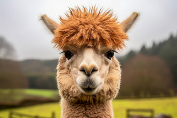 Naklejka premium A cute llama with a fluffy brown hat on its head
