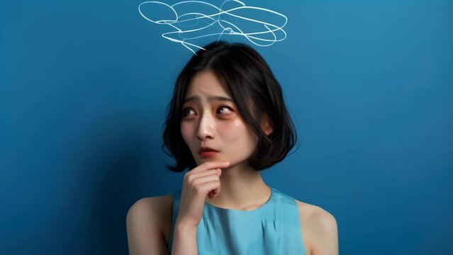 A young woman with a troubled expression stands against a blue background, her hand on her chin. A tangled line above her head represents her confused thoughts and mental state.
