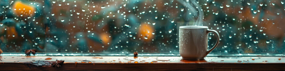 A mug of coffee is sitting on a wooden table next to a window