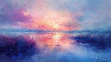 A rectangle painting of a natural landscape featuring a lake with a beautiful sunset in the background. The sky is filled with cumulus clouds, creating a stunning art piece AIG50