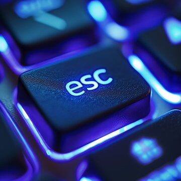 Close-up of the escape key on a backlit keyboard with blue lighting, symbolizing technology, urgency, or seeking an exit.