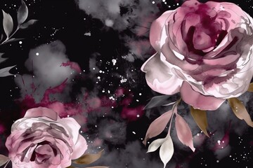 a painting of pink roses with the word " spring " on the bottom.