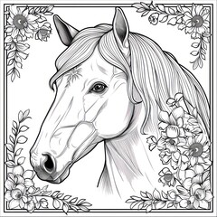 horse head design illustration, draw line black and white, white background 