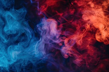 Color smoke abstract background. Cold hot. Ice fire flame. Defocused blue red contrast paint splash light glowing vapor floating cloud texture - generative ai