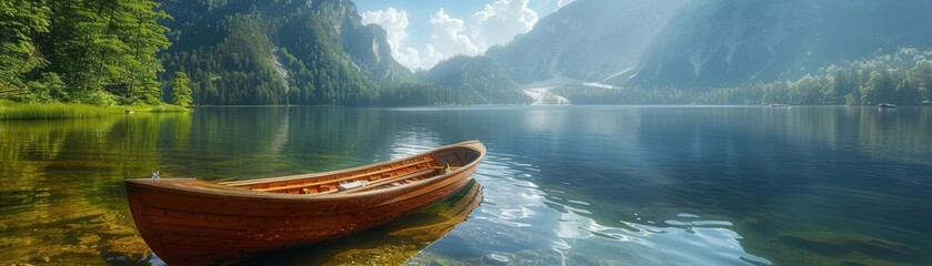 The serene scenery of a rustic wooden canoe on a tranquil mountain lake. AI-generated.