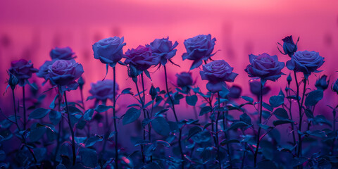 A field of blue flowers with a pink sky in the background