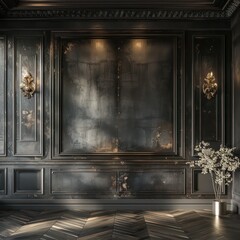 luxury classic interior room, bronze wall, grey wood flooring