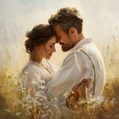 Loving Couple Embracing in Serene Meadow Setting with Soft Natural Lighting and Romantic Atmosphere