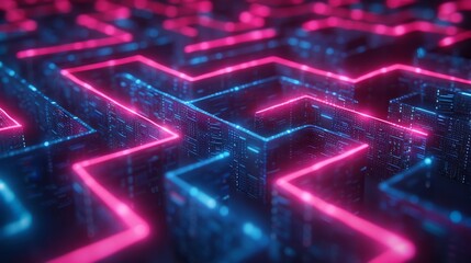 A complex maze of vibrant neon lights representing security measures against cyber threats.