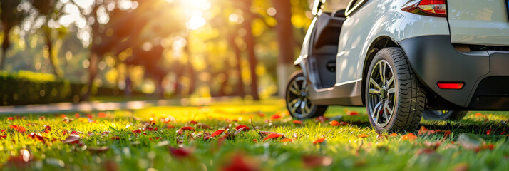 A white golf cart is parked in a grassy area with leaves on the ground