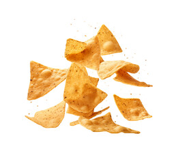 Tortilla chips captured in mid-air, creating a dynamic composition of flying snack pieces, isolated on transparent background. Generative AI